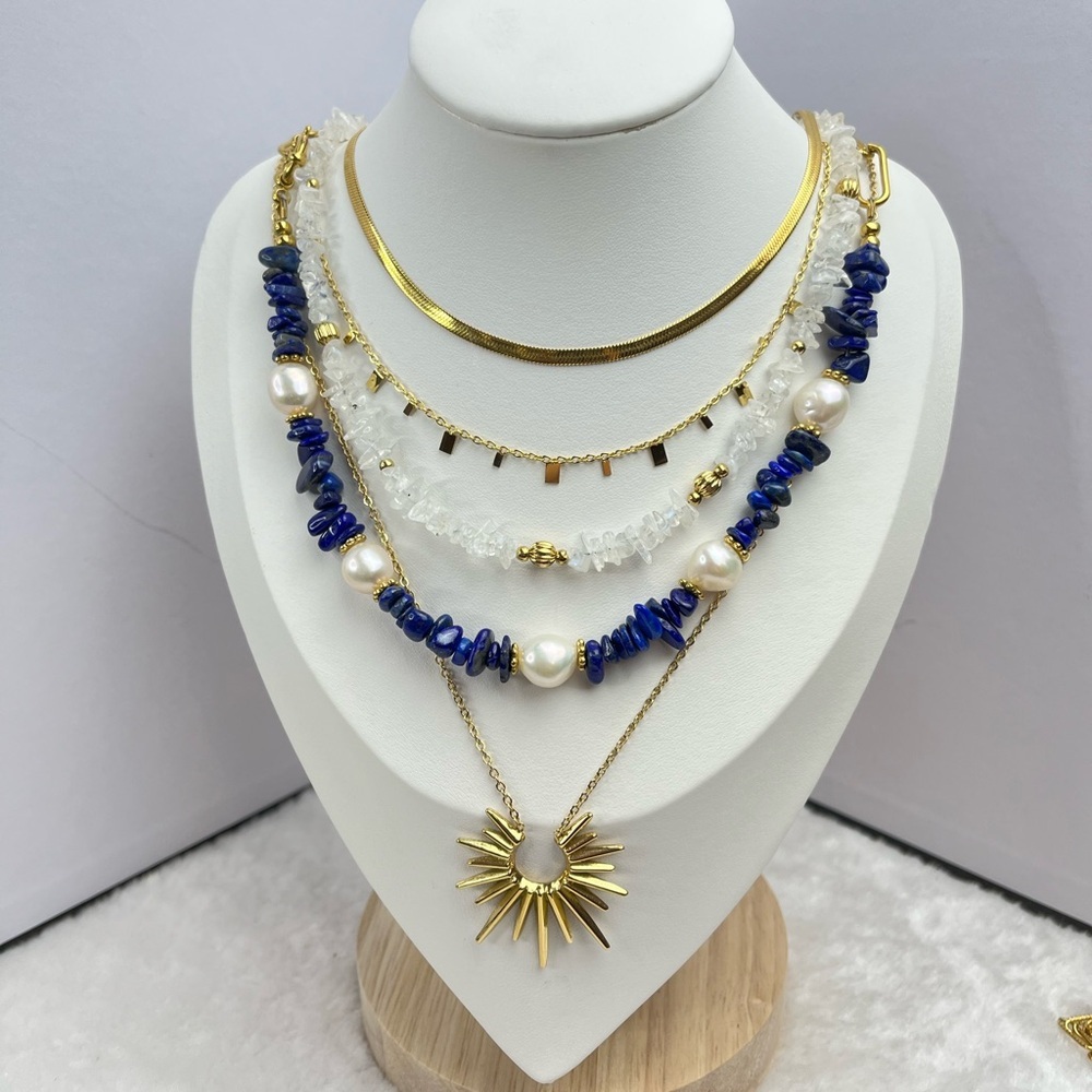 Stainless steel & fresh water pearl stackable necklace sets